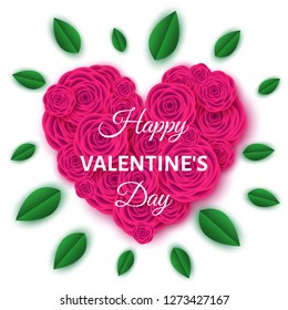 Happy Valentine's day banner template with heart  of pink roses.  Flowers for greeting  cards,  posters, sale advertisement.  Floral background. Vector illustration.