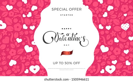 Happy Valentines Day Banner Template. Love Concept Background With Soft Pink Hearts And Flowers. Creative Vector Design For Party Invitation, Greeting Gift Card, Web Page Element