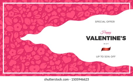 Happy Valentines Day banner template. Love concept background with soft pink hearts and flowers. Creative vector design for party invitation, greeting gift card, web page element