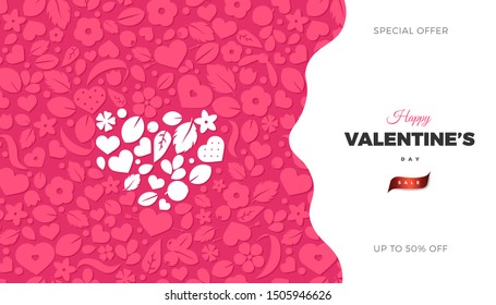 Happy Valentines Day banner template. Love concept background with soft pink hearts and flowers. Creative vector design for party invitation, greeting gift card, web page element