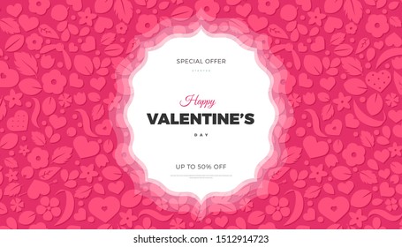 Happy Valentines Day banner template. Love concept background with soft pink hearts and flowers. Creative vector design for party invitation, greeting gift card, web page element