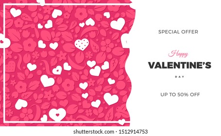 Happy Valentines Day banner template. Love concept background with soft pink hearts and flowers. Creative vector design for party invitation, greeting gift card, web page element