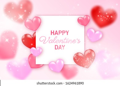 Happy Valentine's Day banner template. Composition with hearts Vector illustration with realistic sparkling golden confetti. 