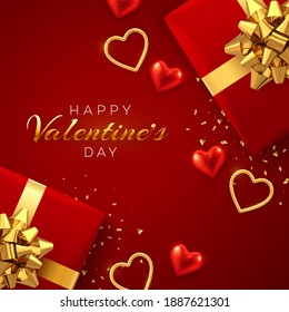 Happy Valentine's Day banner template. Realistic gift boxes with golden bow, and shining red and gold 3d balloons hearts with glitter texture and confetti on red background. Vector illustration.