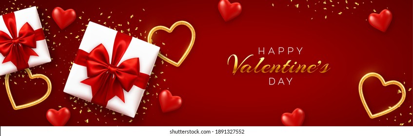Happy Valentine's Day banner template. Realistic gift boxes with red bow, heart shaped balloons and golden hearts with glitter texture and confetti on red background. Top view. Vector illustration.