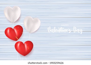 Happy Valentine's Day banner template. Vector illustration with realistic balloon and gold confetti sparkling on wood texture.