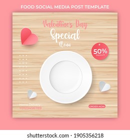 Happy Valentines Day banner template. Vector illustration with pink paper hearts. food social media post or greeting card.