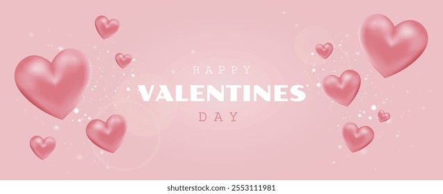 Feliz día de San Valentín Anuncio. Plantilla para tarjetas postales de saludo romántico. Afecto y adoración. Amor, romance y pasión. Fondo rosa con corazones de globo. Ilustración vectorial realista