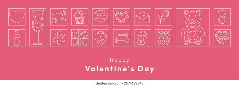 Happy Valentine's Day banner template in line style. Trendy geometric pattern with minimalist Love white icons. Modern background for sale greeting cover