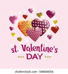 Happy Valentine's day banner. Template for postcards, website or magazine. Greeting card design with hand lettering inscription. 3d hearts with textures.  Colorful design. Vector illustration.