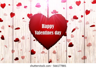 Happy Valentine's day banner template, flyer, invitation, brochure, poster design. Beautiful Romantic composition backdrop with 3D heart on wooden texture . Vector illustration. 
