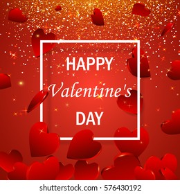 Happy Valentine's day. banner template, flyer, invitation, brochure, poster design. Beautiful Romantic composition backdrop with falling red glitter hearts confetti petals. Vector