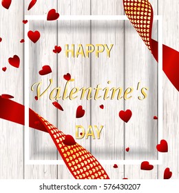 Happy Valentine's day. banner template, flyer, invitation, brochure, poster design. Beautiful Romantic composition backdrop with 3D heart on wooden texture . Vector illustration. 
