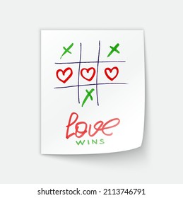 happy Valentines day banner with Tic-tac-toe game on Corrugated fiberboard background with pencil hearts. Valentines day illustration noughts and crosses game drawn love wins cardboard and flat paper