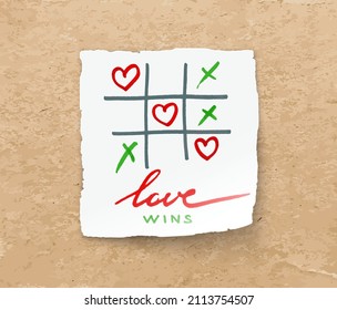 happy Valentines day banner with Tic-tac-toe game on Corrugated fiberboard background with pencil hearts. Valentines day illustration noughts and crosses game drawn love wins cardboard and flat paper