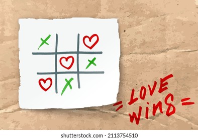 happy Valentines day banner with Tic-tac-toe game on Corrugated fiberboard background with pencil hearts. Valentines day illustration noughts and crosses game drawn love wins cardboard and flat paper