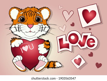 Happy Valentine's Day banner with a Tiger holding a heart. Holiday background design. Cartoon animal vector illustration isolated clipart. Horizontal poster, flyer, greeting card, header for website 