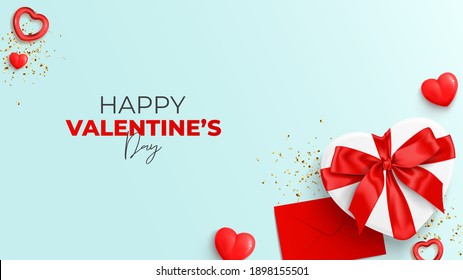 Happy Valentine's Day banner. Top view on realistic gift box with satin bow, closed envelope, red hearts and gold confetti. Vector illustration with  decorative objects for Valentine's Day.