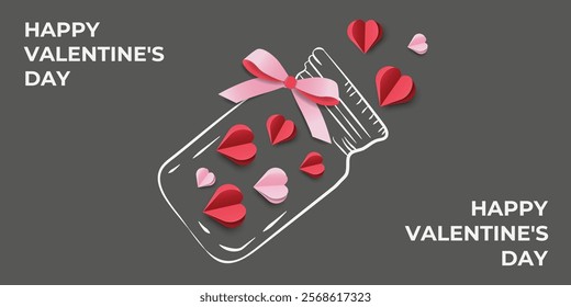 Happy Valentine's Day Banner with Trendy Typography. Modern Love Poster with 3D Paper Cut Heart, Bow and Hand Drawn Jar. Vector Illustration is suitable for Web, Cover, Advertising, Sale, Marketing.