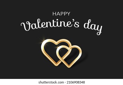 Happy Valentines day banner with two decorative golden hearts on a black background. Vector illustration