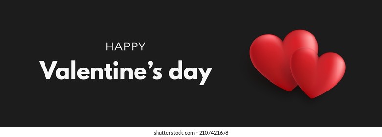 Happy Valentines day banner with two red 3d hearts on a black background. Vector illustration