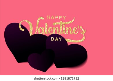 Happy Valentine's day banner vector illustration with gold lettering words and heart 3d on pink background paper cut art style