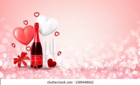 Happy Valentine's Day banner. Vector illustration with champagne bottle, glasses, gift box, ring box, candles, air balloons and red hearts on pink background with effect bokeh. Holiday gift card.