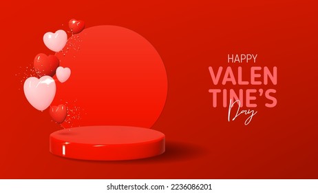 Happy Valentine's Day banner.  Vector illustration with red and pink hearts on 3d podium. Holiday decoration design with 3d composition for Valentine's Day. Holiday banner.