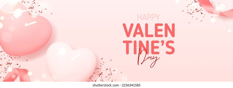 Feliz Día de San Valentín.  Ilustración vectorial con corazones y cintas rosadas, confeti armado. Diseño de decoración de vacaciones con elementos 3d para el Día de San Valentín. Cartel de vacaciones.