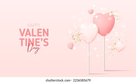 Happy Valentine's Day banner. Vector illustration with pink lollipops and hearts. Holiday decoration design with 3d elements and golden confetti for Valentine's Day. 3d holiday banner.