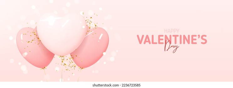 Happy Valentine's Day banner. Vector illustration with pink balloons on golden ribbons, confetti and sparkles. Holiday decoration design with 3d elements for Valentine's Day. Holiday banner.