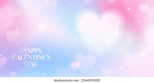 Happy Valentine's Day banner. Vector banner with typography design, blurred hearts, stars on gentle gradient background. Valentine's Day card in y2k style for branding, cover, ads, social media.