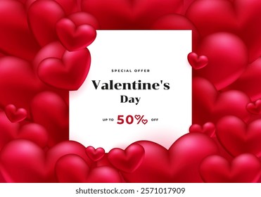 Happy Valentines Day banner with vector 3D red hearts. Design template for celebration, ads, sale, cover, horizontal poster, wallpaper