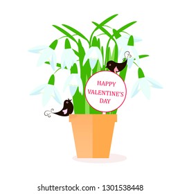 Happy Valentine's day banner. White snowdrop, green leaves, black lovingbird in brown pot design element stock vector illustration for web, for print, for congratulation card