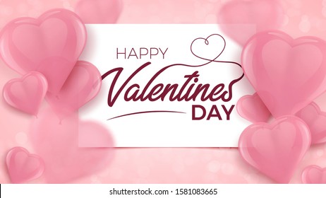 Happy Valentines Day banner with white frame and pink blurred 3d heart shaped balloons. Valentine's rosy background