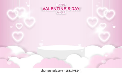 Happy Valentine's day banner. White stage podium for your product, decor with clouds and heart shape hanging lights isolated on pink background. Symbol of love. Space for graphic. Vector illustration.