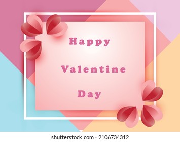 Happy Valentine's Day banner with white gradient child frame and red and white gradient heart balloons. bright colored background