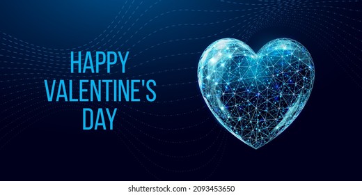 Happy Valentine's day banner. Wireframe heart in low poly style.   Abstract modern 3d vector illustration on dark blue background.