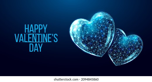 Happy Valentine's day banner. Wireframe heart in low poly style.   Abstract modern 3d vector illustration on dark blue background.