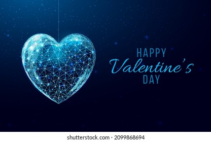 Happy Valentine's day banner. Wireframe heart in low poly style.   Abstract modern 3d vector illustration on dark blue background.