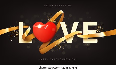 Happy Valentine's Day banner. Word Love with 3d realistic red heart, golden ribbon and confetti. Vector illustration for decoration of Valentine's Day events, banners, posters and flyers.