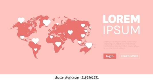 Banner feliz día de San Valentín y mapa del mundo sobre el concepto de fondo rosa de la ilustración horizontal del vector plano.