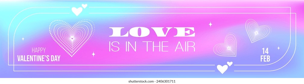 Happy Valentine's Day banner in y2k style. Minimalist aesthetic with hearts, gradients, typography, abstract forms. Vector illustration for digital marketing and sales promotion. Header of website.