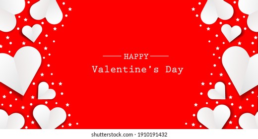 Happy Valentine's Day banner,paper cut white hearts on red background,greeting card, web header
