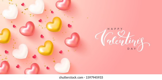 Happy Valentine's Day banner.Romantic composition with hearts,serpentine and confetti. Vector illustration for website, posters,ads, coupons, promotional material.