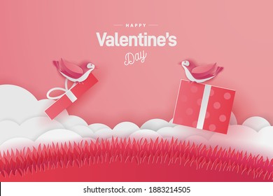 happy valentine's day banners illustration gift love with, bird, love letter and field grass, paper cut style with editable text effect. Premium Vector