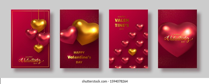 Happy Valentine's Day banners or posters. 3d metallic hearts in red and golden colors with handwritten lettering text. Glitter dotted background. Vector.