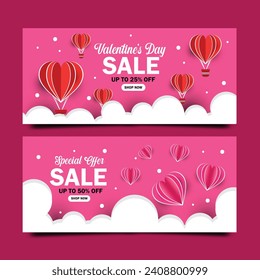Happy Valentine's Day banners, posters, cards or flyers Set with flying Origami Hearts over clouds with air balloons in the sky