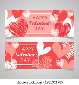 Happy Valentine's day banners in red pink. Holiday card. Hand-drawing hearts. Vector EPS 10