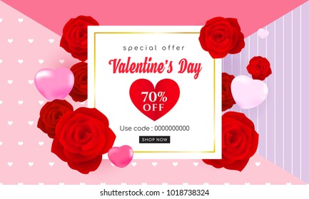Happy Valentine's day banners sale Vector illustration. Red roses with heart balloons.